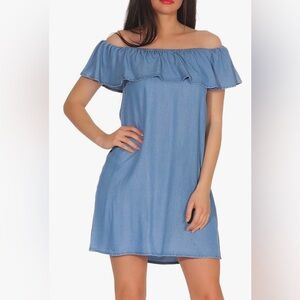 CHAMBRAY OFF THE SHOULDER MINI DRESS